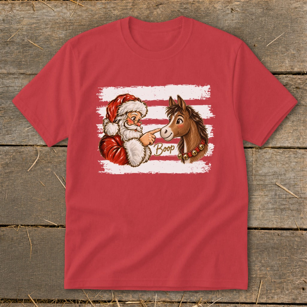 Santa's finger boops a horse's nose with the word "Boop" and bells.