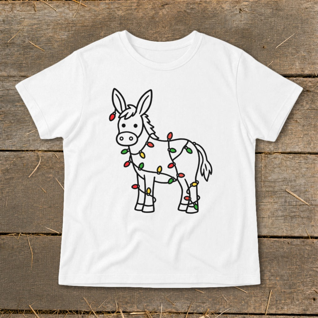 White t-shirt with a black outline drawing of a donkey adorned with colorful Christmas lights.