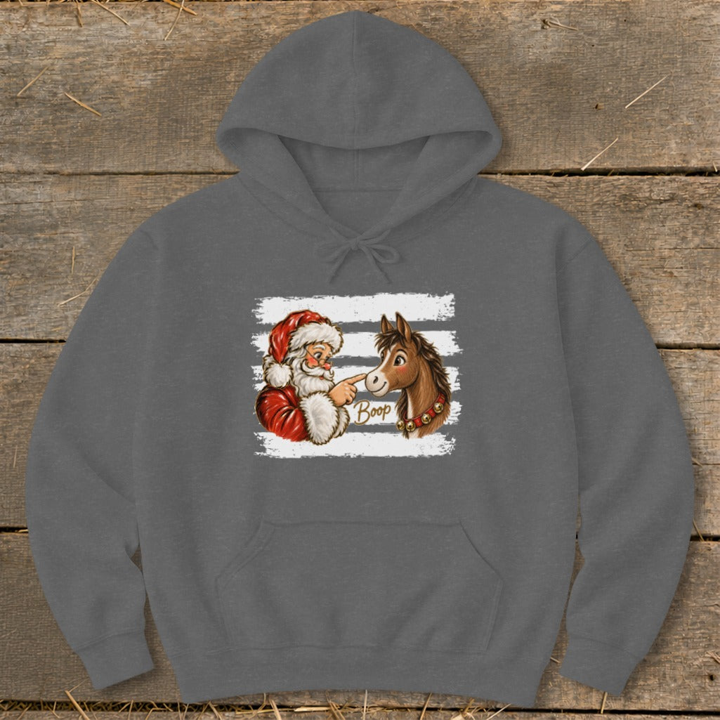 Santa booping a horse with the word "Boop" on a dark gray hoodie.