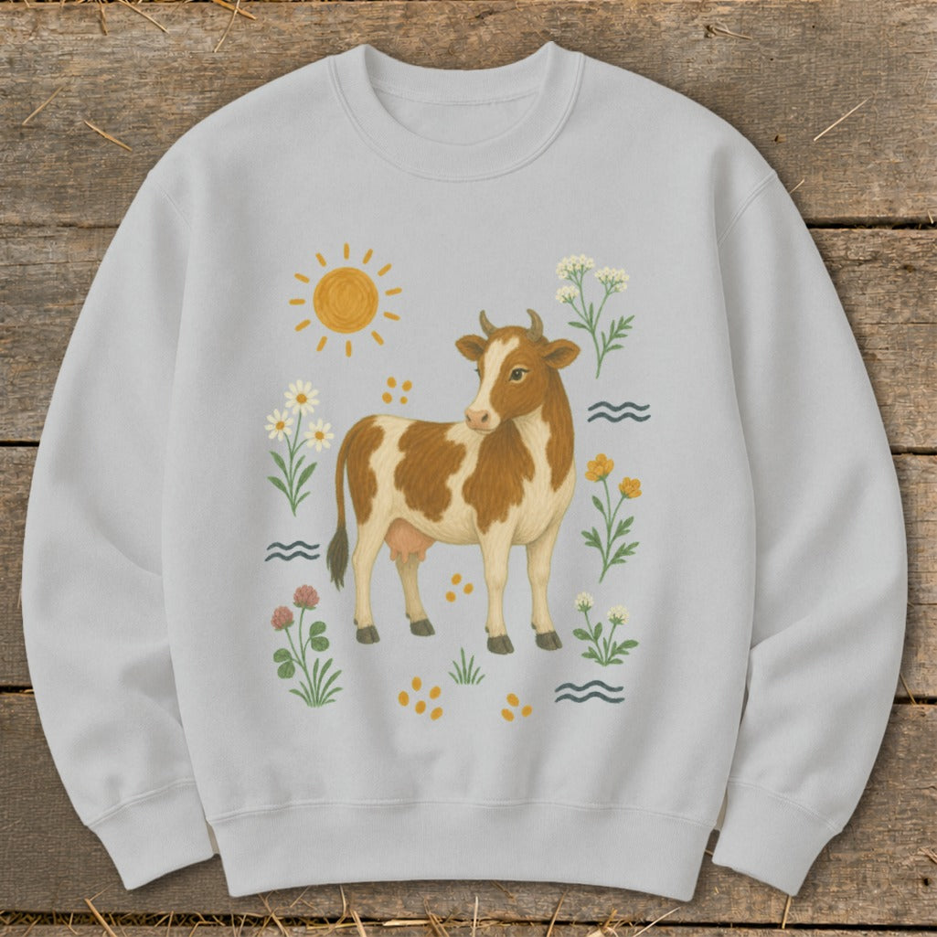 Light grey sweatshirt with brown and white cow illustration surrounded by flowers, sun, and wavy lines.