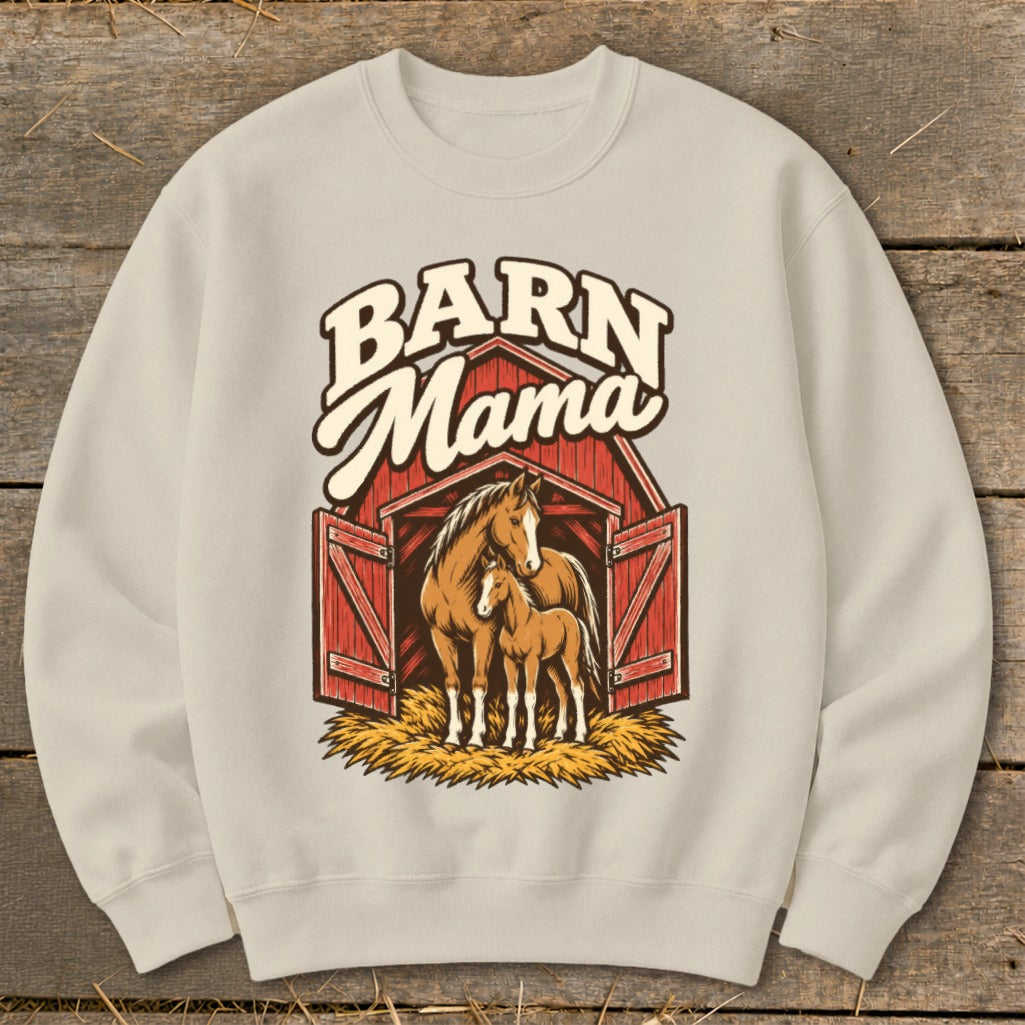 Crewneck sweatshirt with "Barn Mama" text and a horse with foal inside a barn.