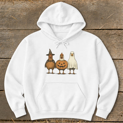 White hoodie with Halloween-themed chickens dressed as a witch, pumpkin, and ghost.