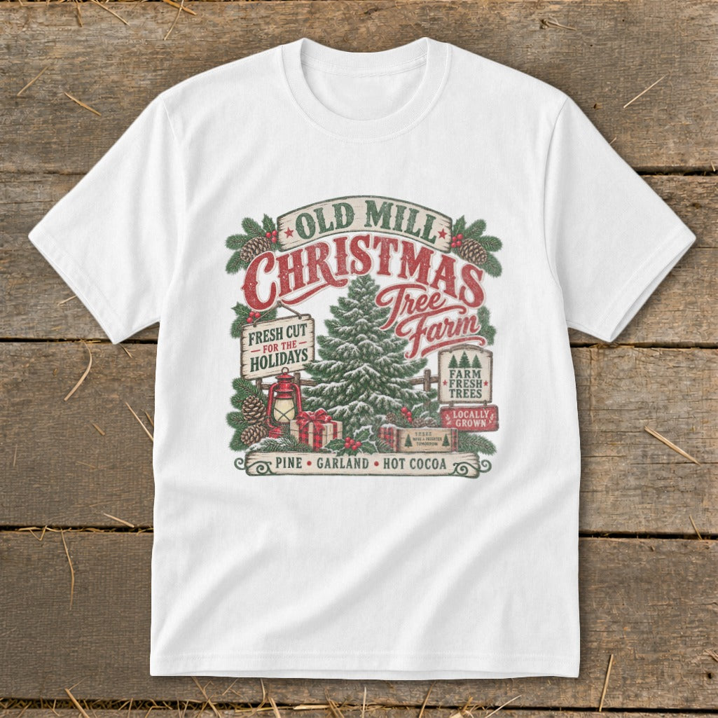 White t-shirt with vintage "Old Mill Christmas Tree Farm" graphic.