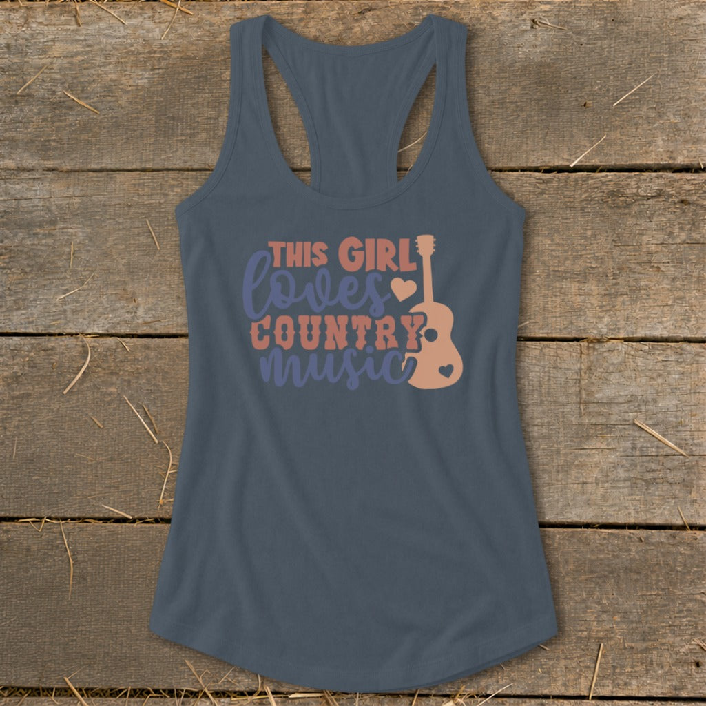 Tank top with "This girl loves country music" text and guitar graphic.