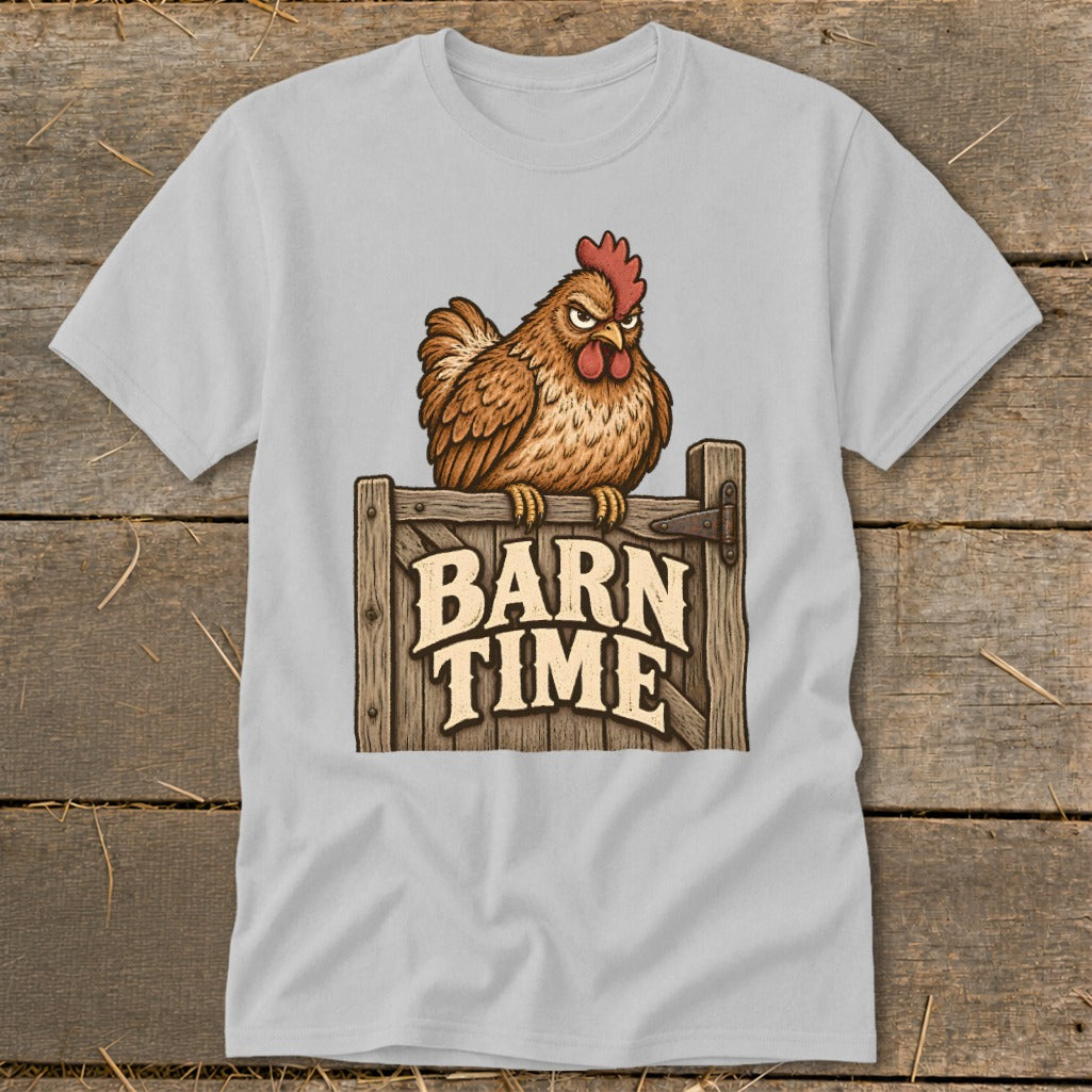 T-shirt graphic of an angry chicken on a wooden gate with "Barn Time" text.
