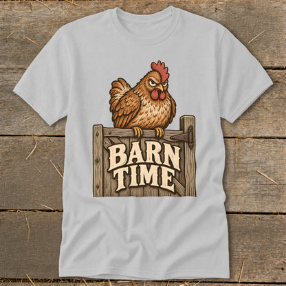 T-shirt graphic of an angry chicken on a wooden gate with "Barn Time" text.