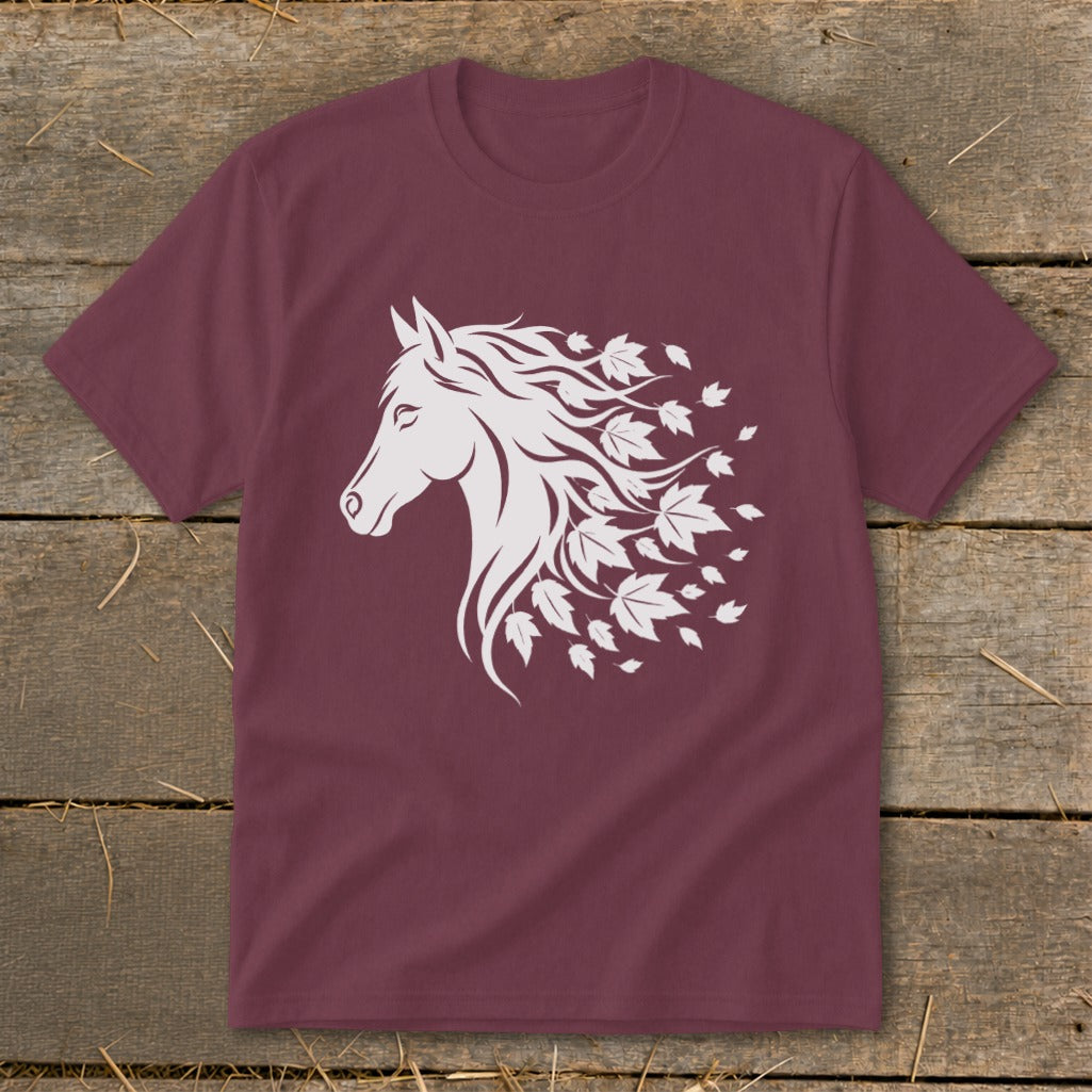 Maroon t-shirt with white horse head design featuring flowing mane and leaves.