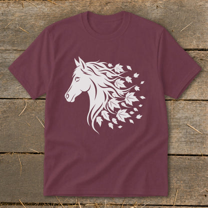 Maroon t-shirt with white horse head design featuring flowing mane and leaves.