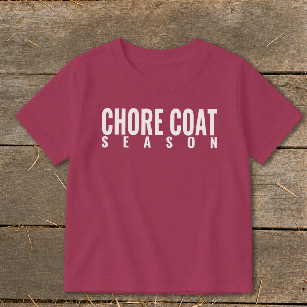 Children's maroon t-shirt with white text "CHORE COAT SEASON"