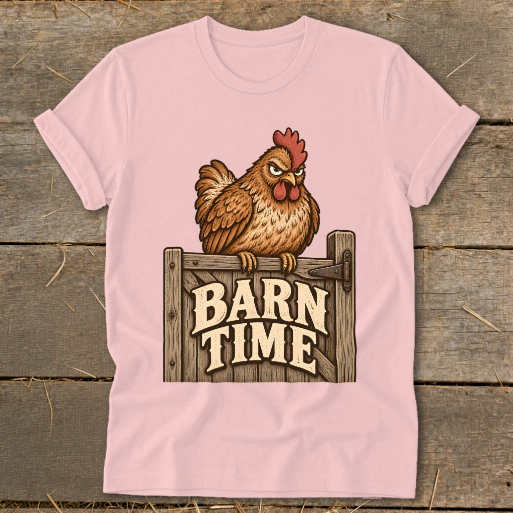 Brown chicken sits on a wooden fence with "BARN TIME" text.