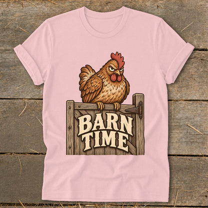 Brown chicken sits on a wooden fence with "BARN TIME" text.