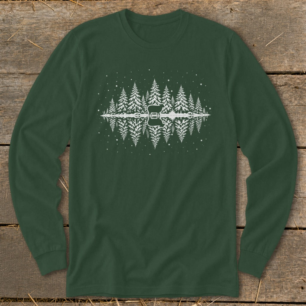 Long sleeve forest green t-shirt with white pine trees and guitar reflection graphic.
