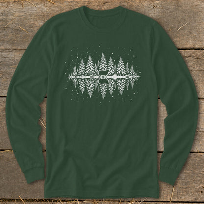 Long sleeve forest green t-shirt with white pine trees and guitar reflection graphic.