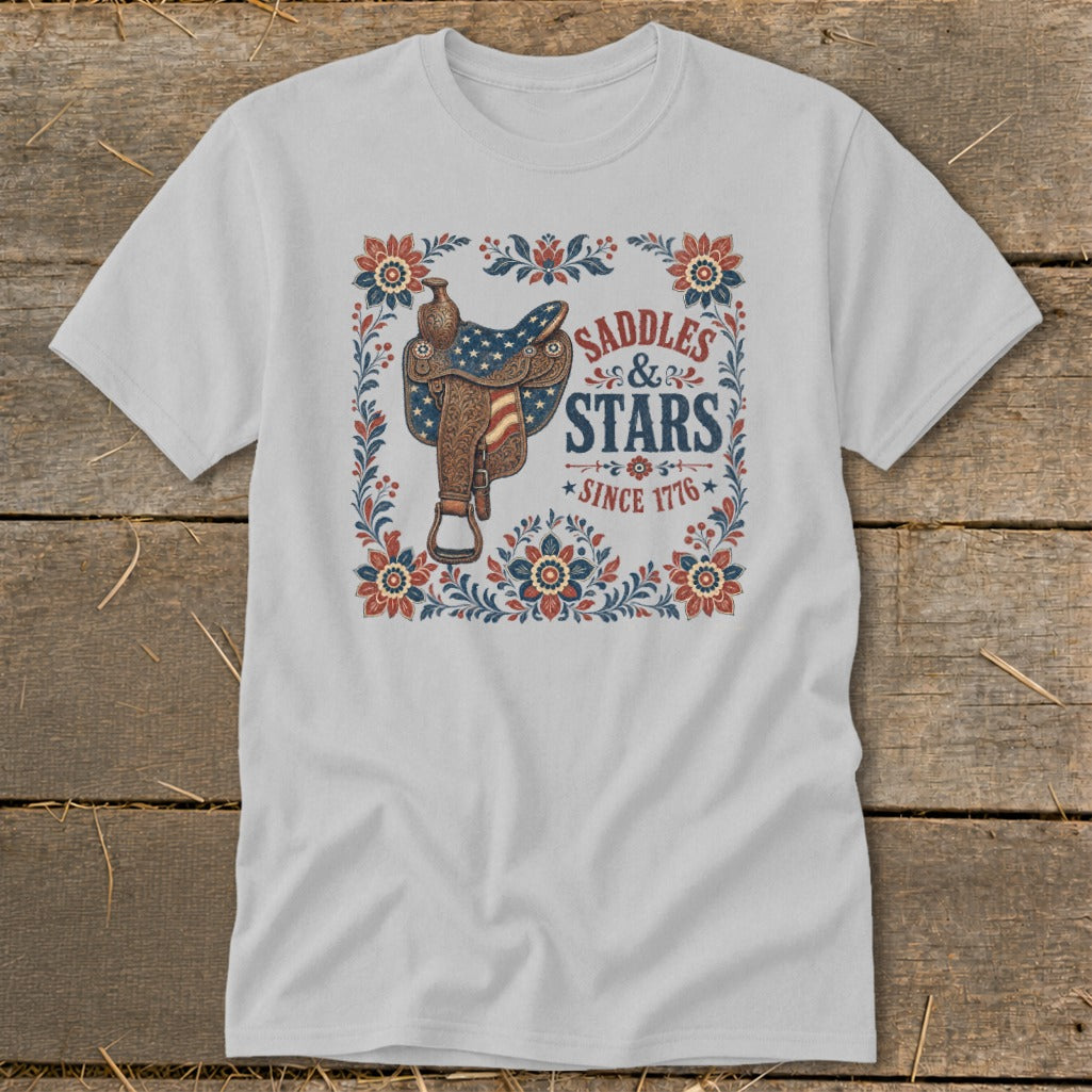 T-shirt with distressed graphic of saddle, Stars & Stripes, and "Since 1776".