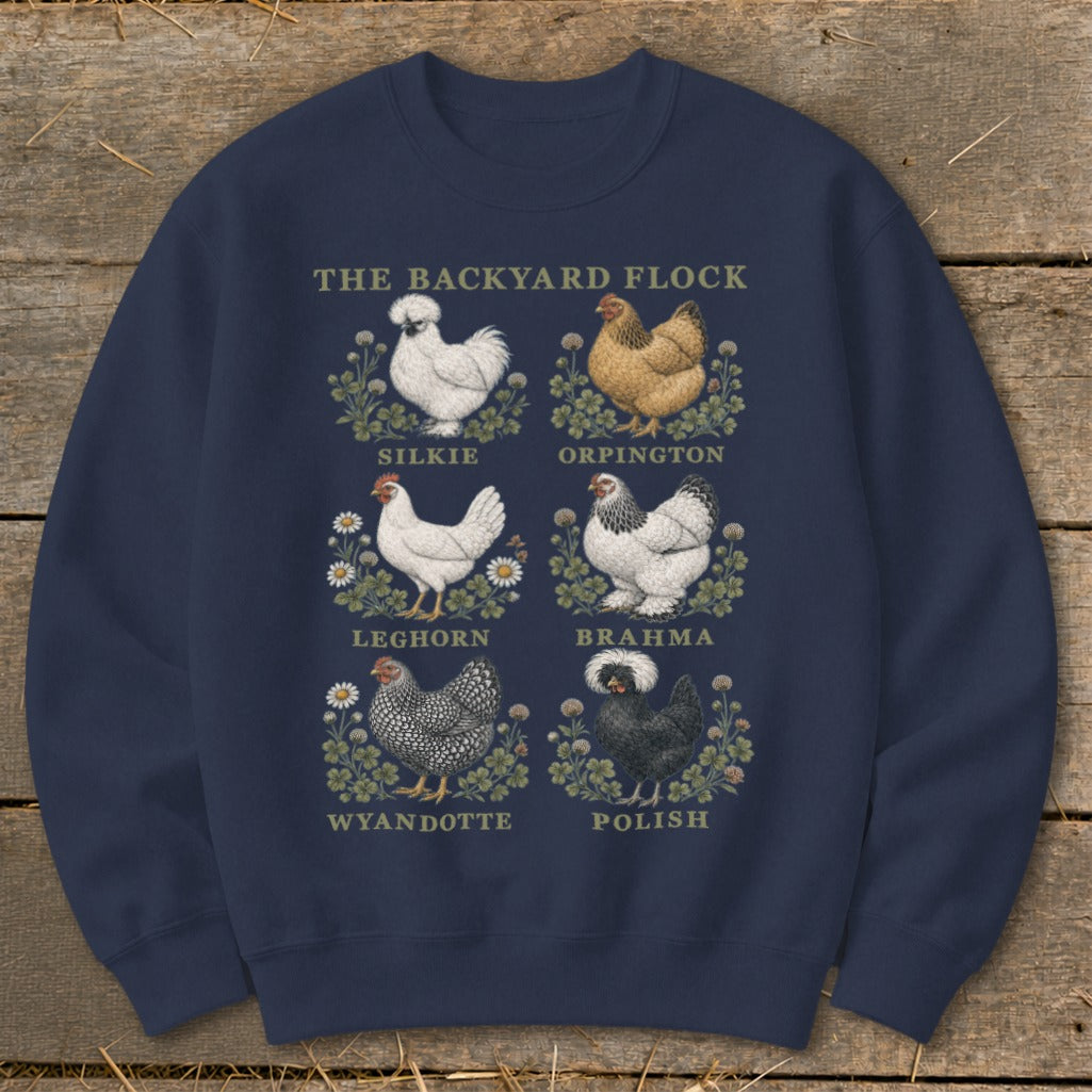 Navy sweatshirt with "The Backyard Flock" text and illustrations of six chicken breeds.