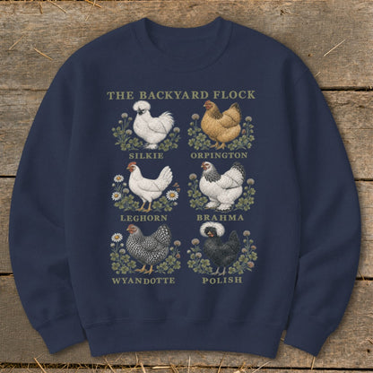 Navy sweatshirt with "The Backyard Flock" text and illustrations of six chicken breeds.