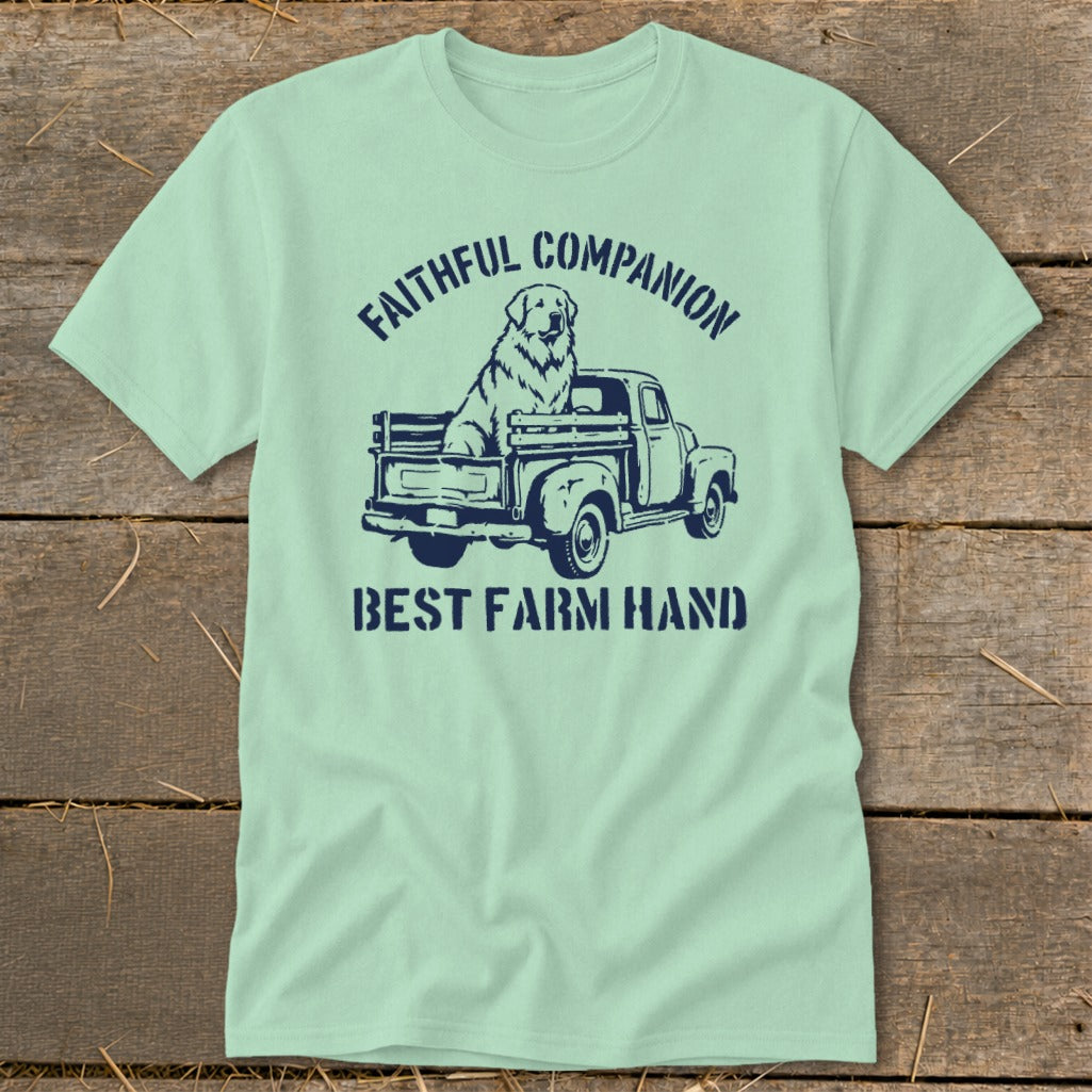 Light green t-shirt with navy graphic of dog in truck, "Faithful Companion" and "Best Farm Hand."
