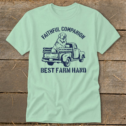 Light green t-shirt with navy graphic of dog in truck, "Faithful Companion" and "Best Farm Hand."