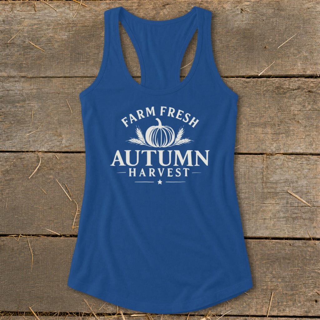 Blue tank top with white "Farm Fresh Autumn Harvest" text and a pumpkin graphic.