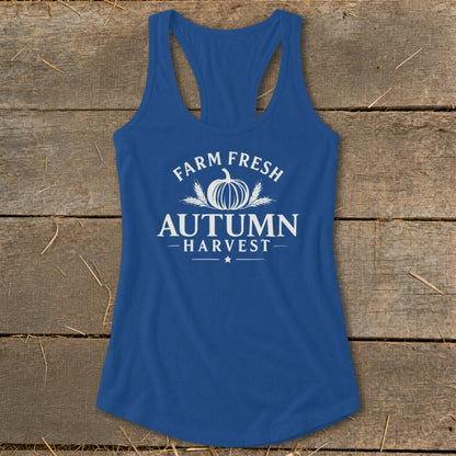 Blue tank top with white "Farm Fresh Autumn Harvest" text and a pumpkin graphic.