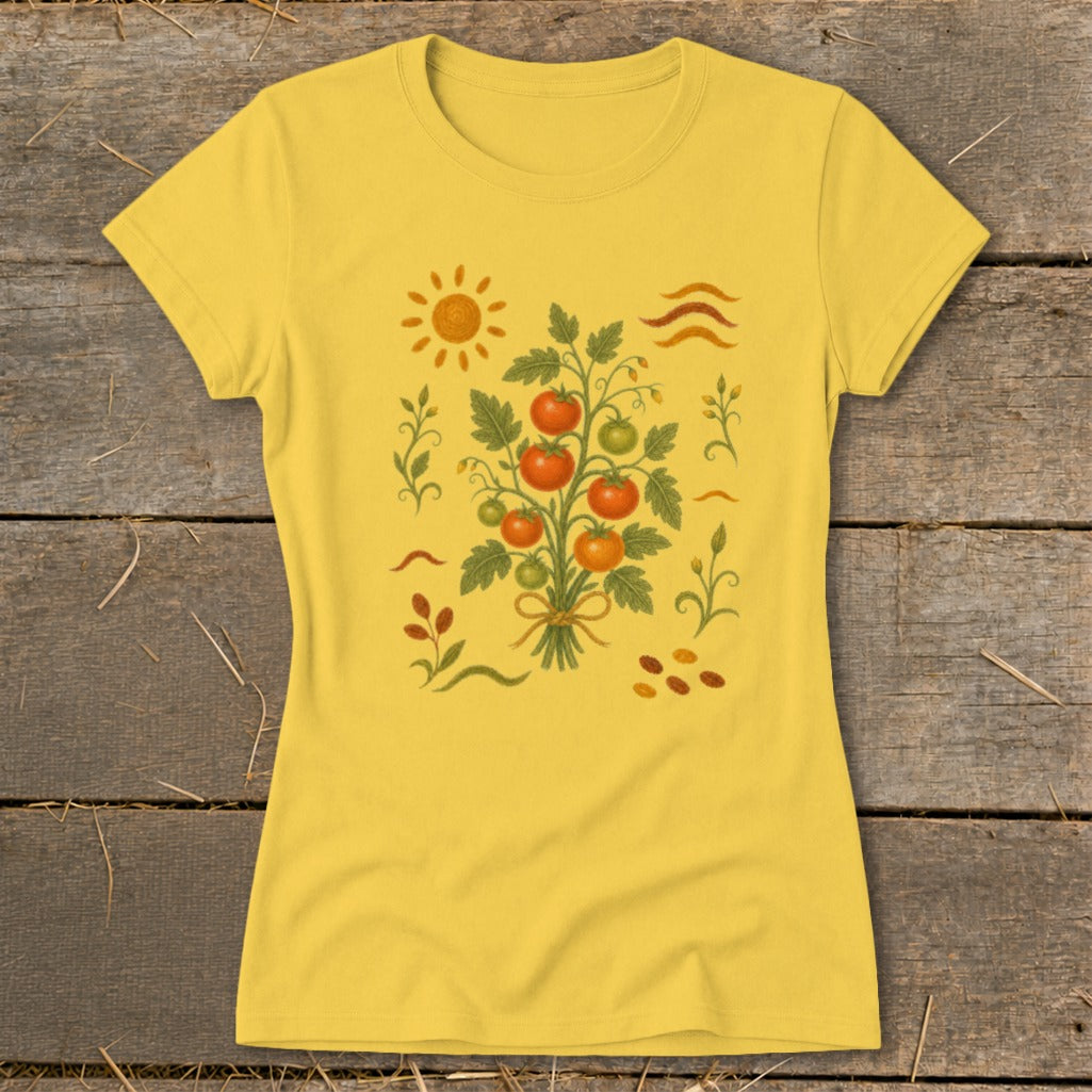 Yellow t-shirt with a tomato plant illustration and a sun graphic.