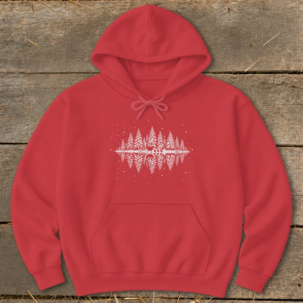 Red hoodie with white reflection of pine trees and a deer graphic.