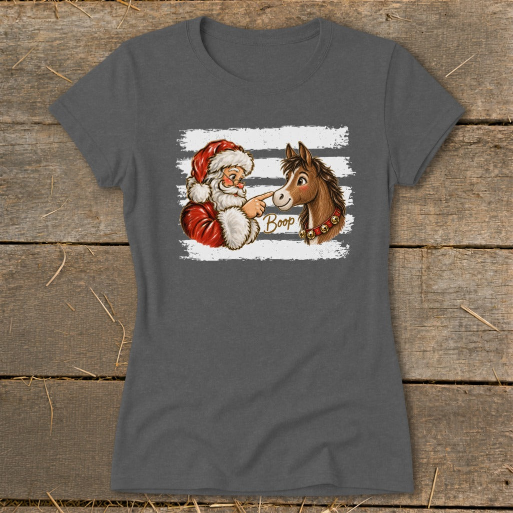 Santa boops a horse with the word "Boop" on a t-shirt.