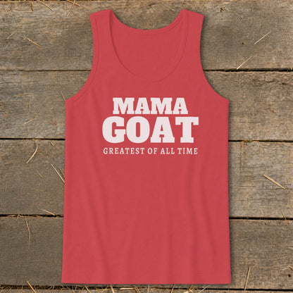 Red tank top with "MAMA GOAT GREATEST OF ALL TIME" text.