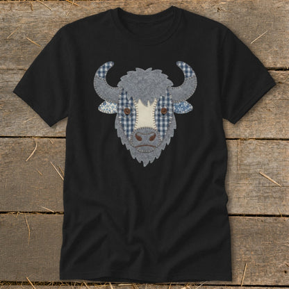 Black t-shirt with a fabric applique of a bull's face featuring blue gingham and brown buttons.