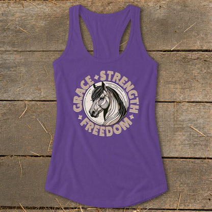Purple tank top with a circle graphic of a horse and text "Grace Strength Freedom".