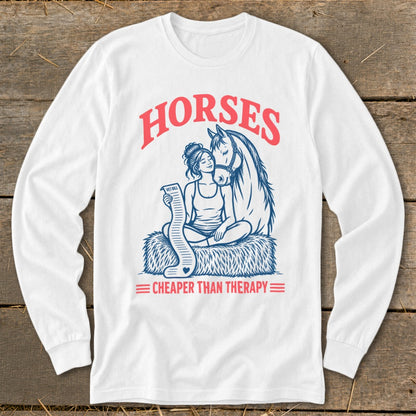 White long-sleeve shirt with a graphic of a woman and horse reading a long vet bill.