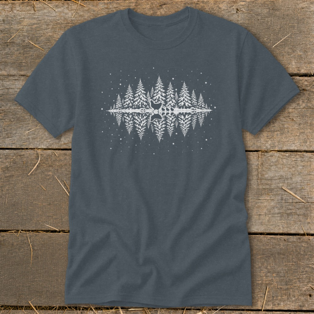 Dark grey t-shirt with white graphic of trees and a deer reflected in water.