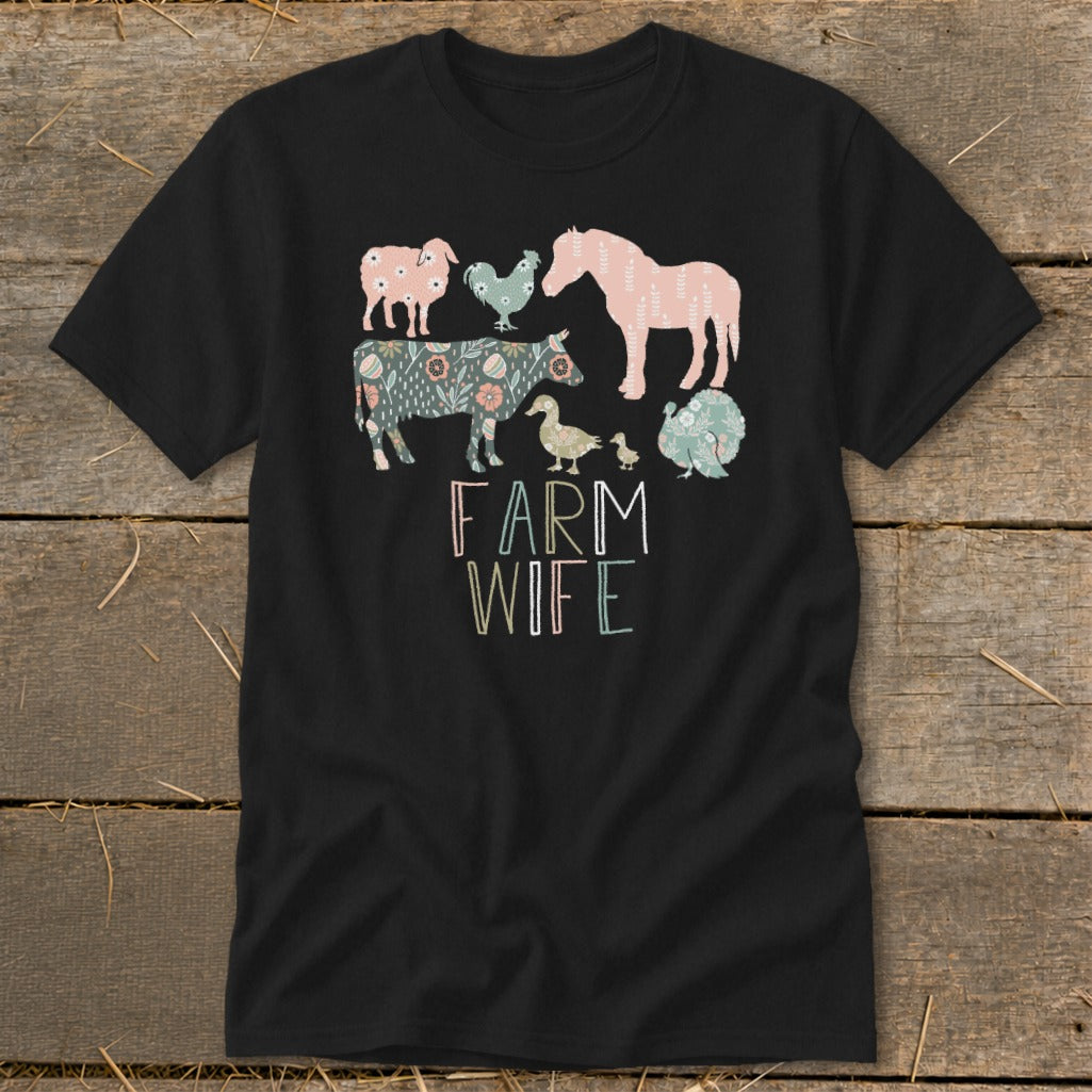 Black t-shirt with floral farm animals and "FARM WIFE" text.