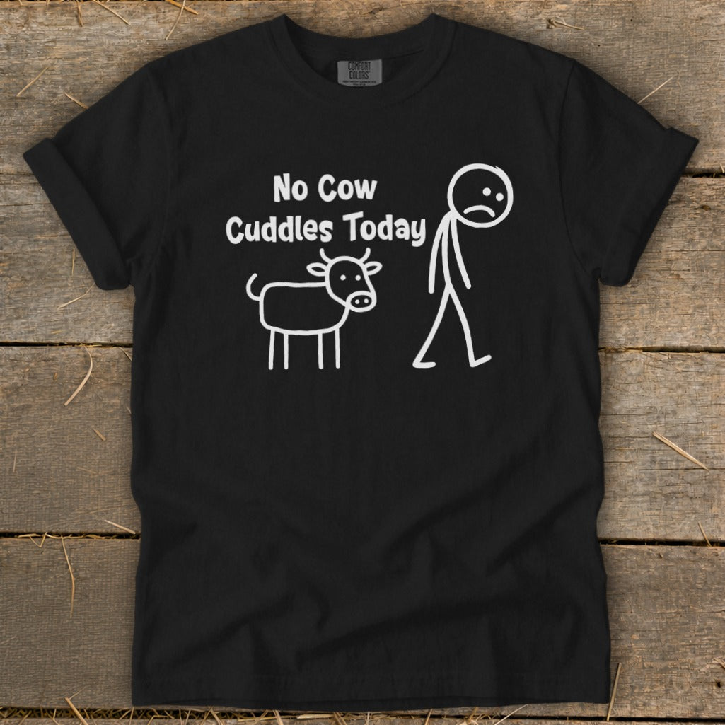 Black t-shirt with "No Cow Cuddles Today" text and stick figure graphics.
