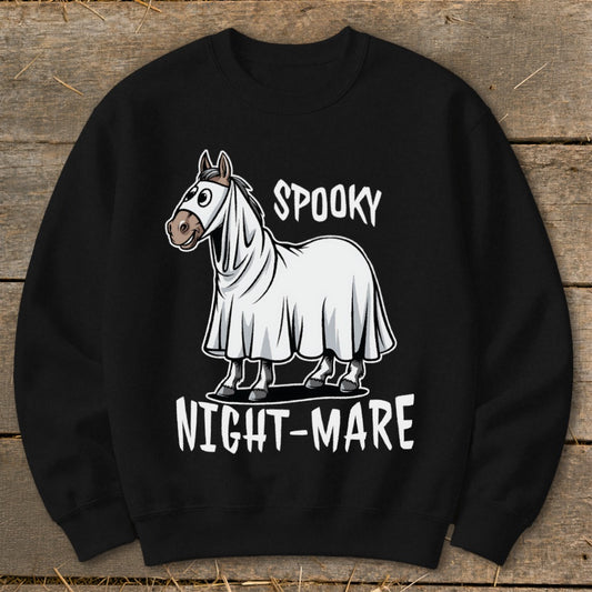 Black sweatshirt with cartoon horse in ghost costume and text "Spooky Night-Mare".