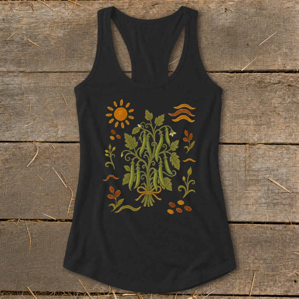 Black tank top with a botanical print of pea pods and sun motifs.