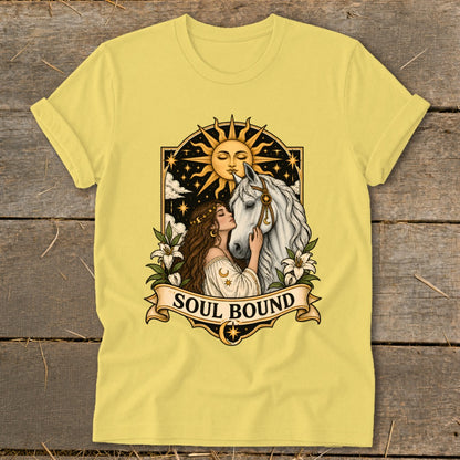 Yellow t-shirt with artwork of a woman and white horse under a sun with text "SOUL BOUND".