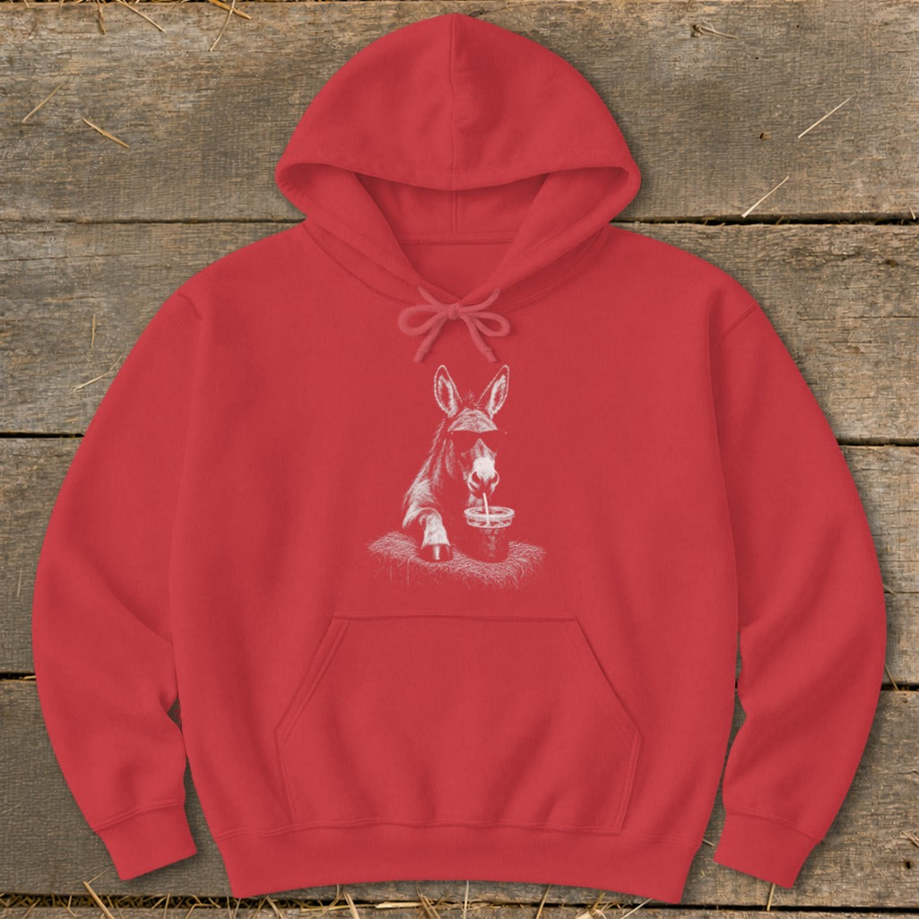 Red hoodie with a sketch of a donkey wearing sunglasses and drinking from a cup.