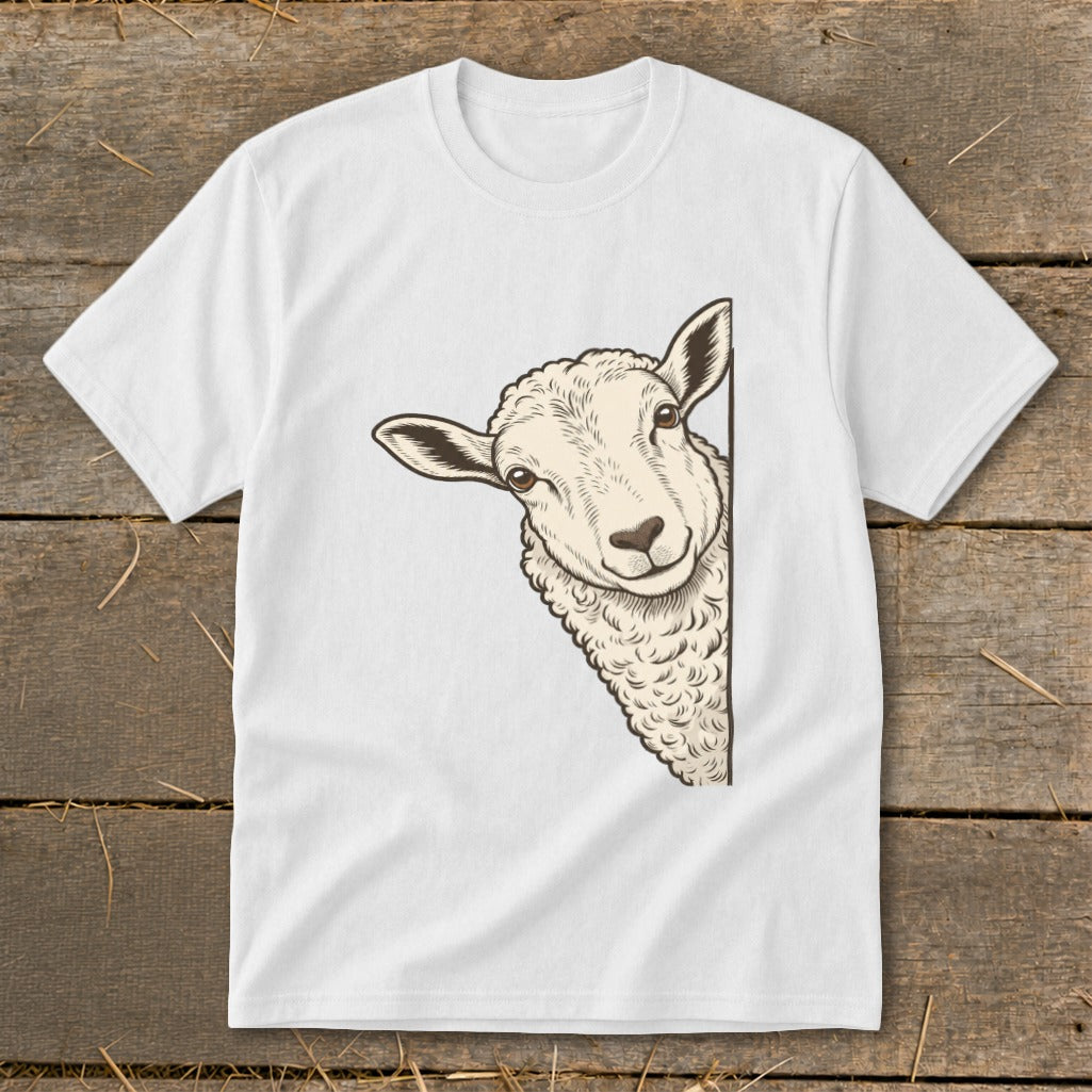 White t-shirt with a drawing of a sheep peeking from the side.