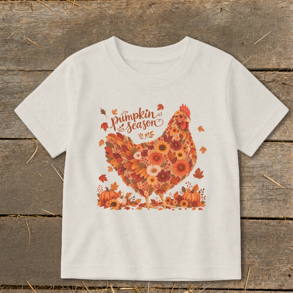 Floral chicken with "pumpkin season" text and pumpkins.