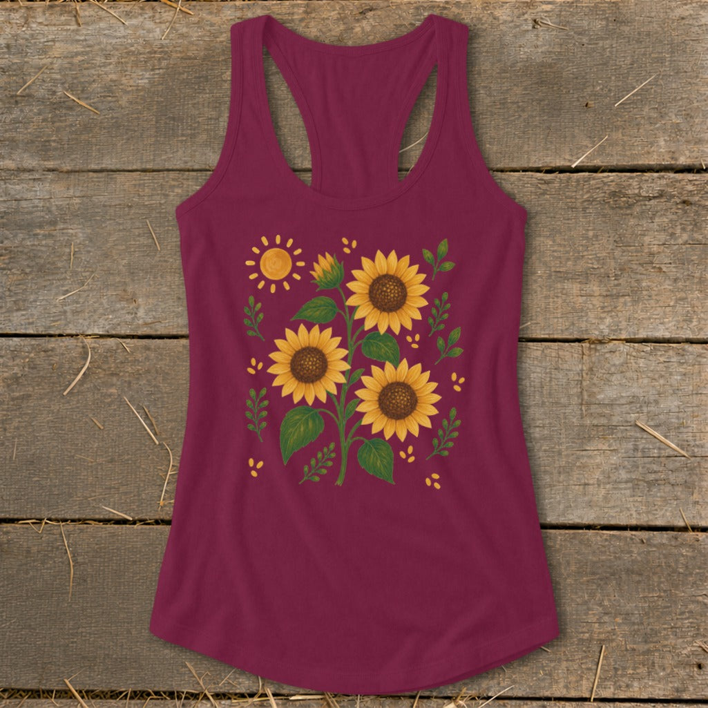 Maroon tank top with a whimsical sunflower and sun graphic.