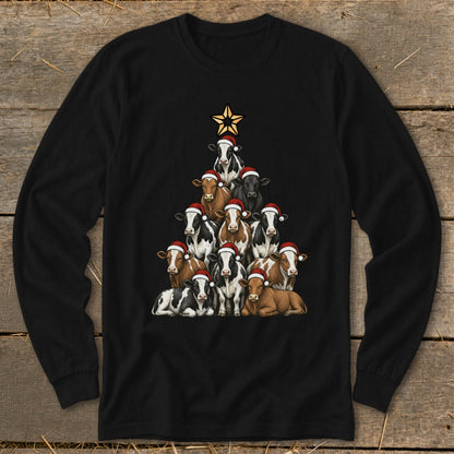 Cows wearing Santa hats arranged in a Christmas tree shape with a star on top.