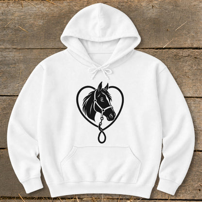 A white hooded sweatshirt with a black graphic of a horse head inside a heart on the chest.