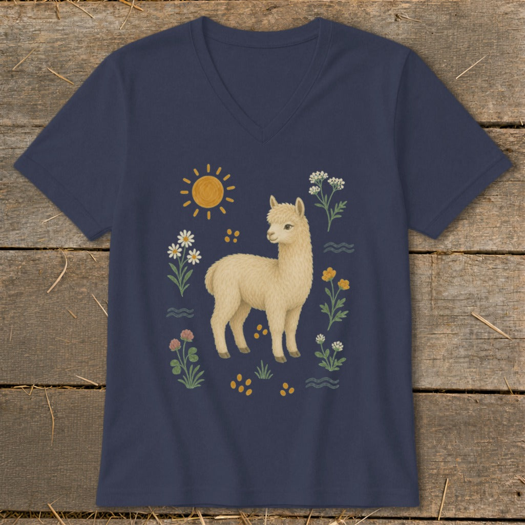 T-shirt with cream alpaca surrounded by flowers, sun, and waves.