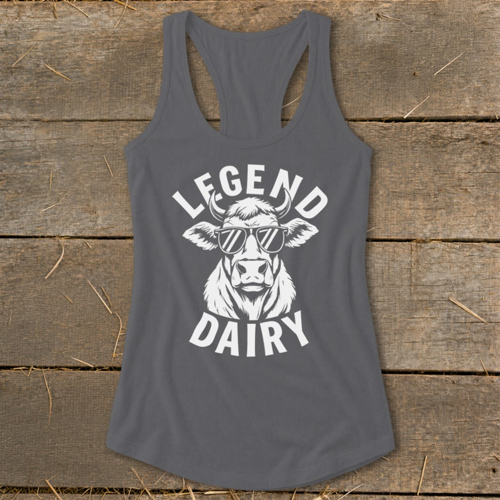 Gray tank top with a cow wearing sunglasses and the text "LEGEND DAIRY".