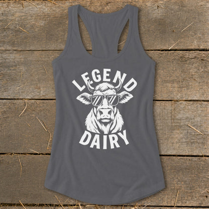 Gray tank top with a cow wearing sunglasses and the text "LEGEND DAIRY".