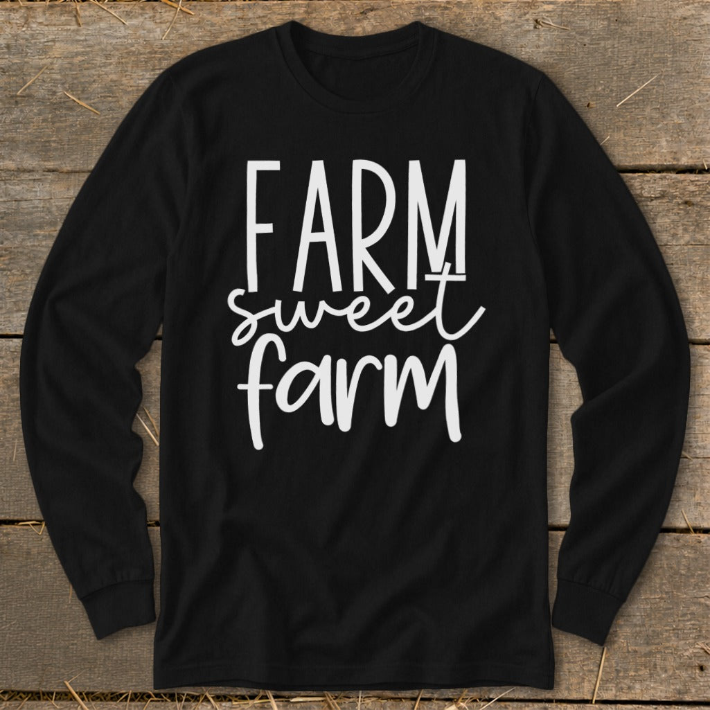 Black long-sleeve shirt with "FARM sweet farm" in white lettering.