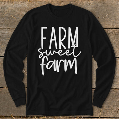 Black long-sleeve shirt with "FARM sweet farm" in white lettering.