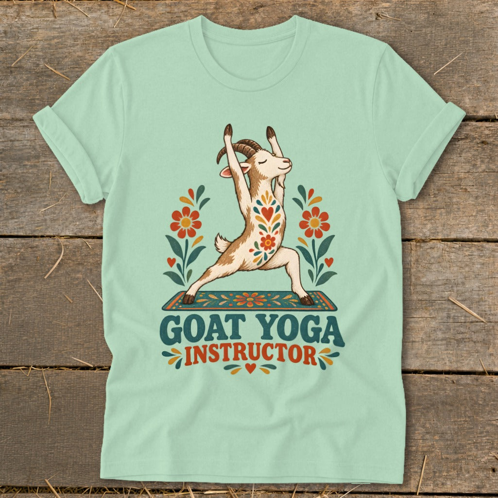 Goat in yoga pose on mat, text reads "Goat Yoga Instructor".