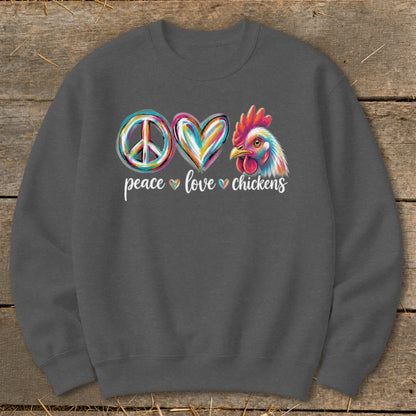 Dark gray sweatshirt with "peace love chickens" and colorful icons of peace, heart, and rooster.